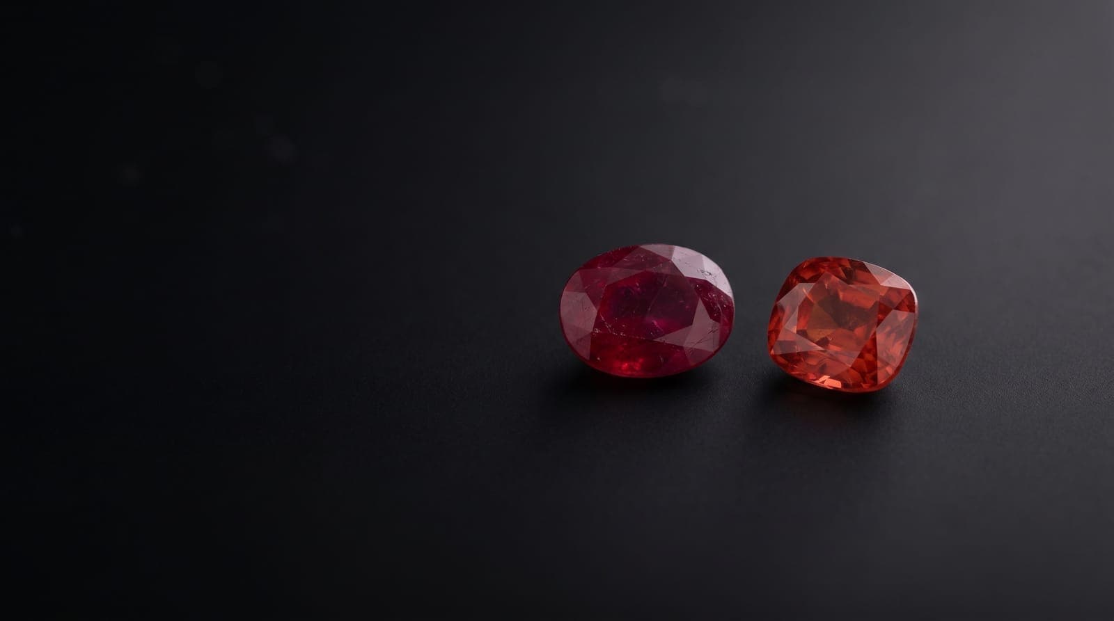 Burmese ruby and Mozambique ruby side by side comparison under gemological lighting