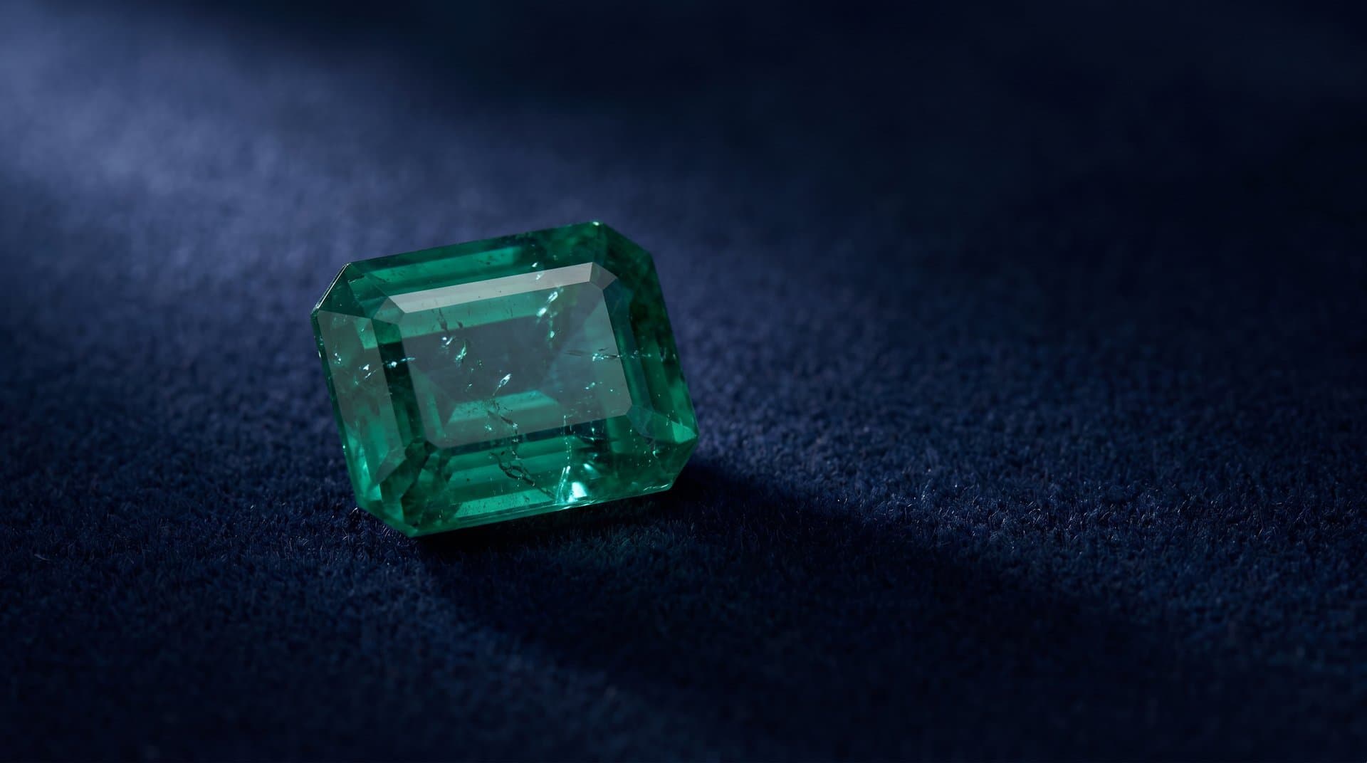 Loose emeralds, tourmalines, and spinels displayed on a dark velvet sorting pad